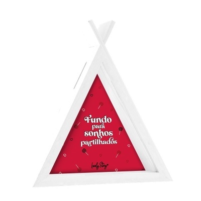 Moldura triangular branca com fundo vermelho e texto em português