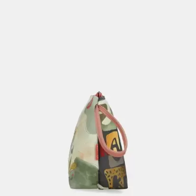 Bolsa de tecido colorida com padrão abstrato e alça rosa