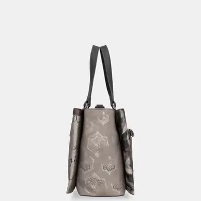 Mala de senhora cinza com padrão abstrato vista lateral