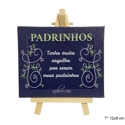 Placa azul escura com texto para padrinhos apoiada num cavalete de madeira