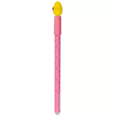 Caneta rosa com estrelas roxas e tampa amarela oval