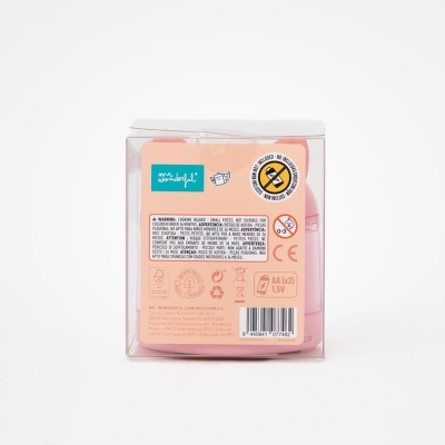 Embalagem transparente com produto rosa da marca Mr. Wonderful e etiquetas de aviso e reciclagem