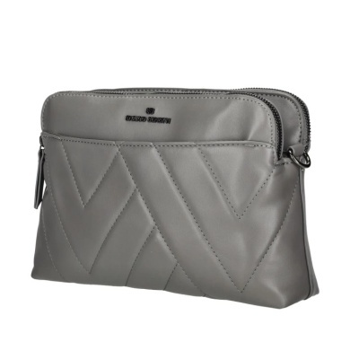 Bolsa cinzenta de material sintético com padrão em V e logótipo BRUCO BENETTI