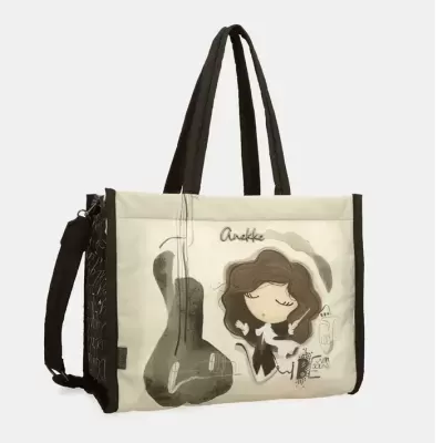 Mala de tecido bege e castanha com ilustração de menina e guitarra