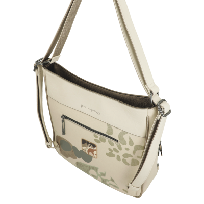 Mala de ombro bege com padrão abstrato e alça ajustável