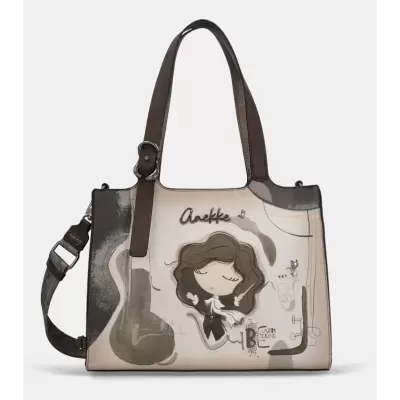 Mala de senhora bege e castanha com estampa de rapariga animada e guitarra