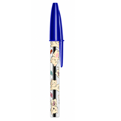 Caneta azul com desenhos de gatinhos e peixes coloridos