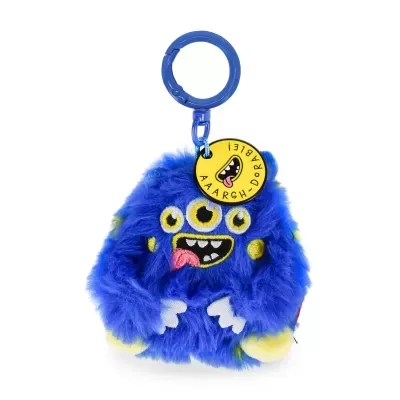 Porta-chaves peluche monstro azul com olhos amarelos e etiqueta amarela