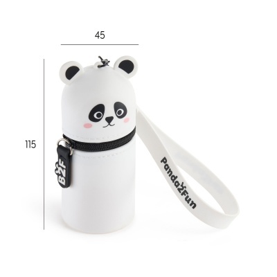 Estojos cilíndricos com rosto e orelhas de panda, com fecho e alça personalizada.