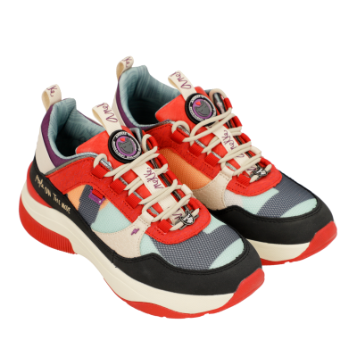 Sapatilhas desportivas multicolor em vermelho, preto, azul e bege com solas grossas brancas e vermelhas