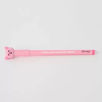 Caneta cor de rosa com cabeça de porco e texto impresso