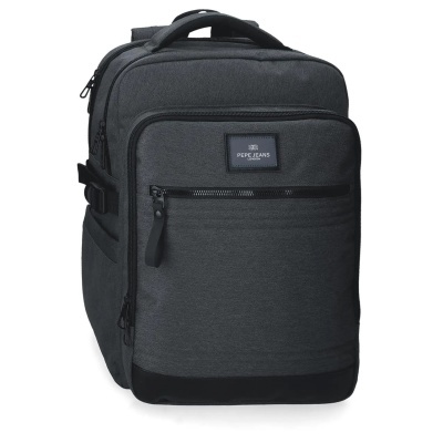 Mochila preta com vários compartimentos e etiqueta PEPE JEANS LONDON