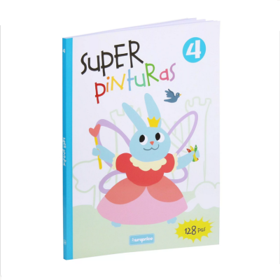 Capa de livro infantil com título SUPER pinturas 4 e ilustração de coelho azul vestido de fada