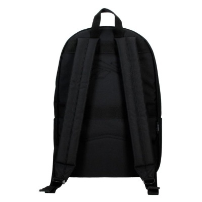 Mochila preta vista da traseira com alças e alça de transporte.
