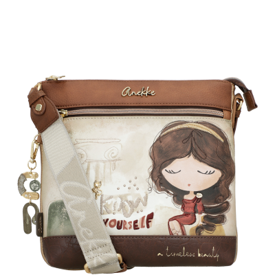 Mala de ombro castanha e bege com estampa de rapariga e frases inspiradoras