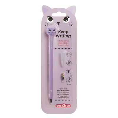 Lápis infinito lilás com cabeça de gato em embalagem lilás da marca Back2Fun