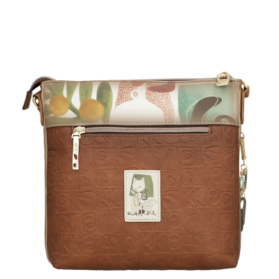 Mala castanha com padrão abstrato e ilustração de gato