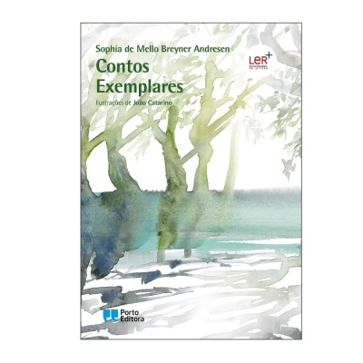 Capa do livro Contos Exemplares com ilustração de árvores em aquarela e texto de título e autor