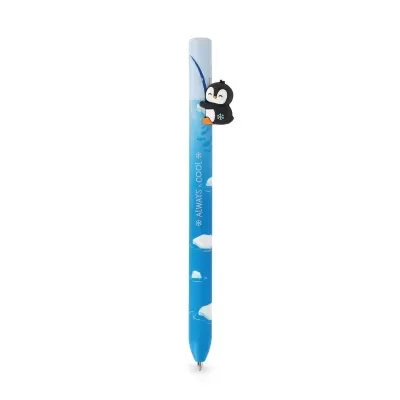 Caneta azul com clip de pinguim e padrão de icebergs