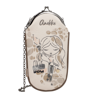 Bolsa pequena Anekke bege com desenho e texto decorativo