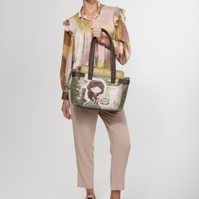 Mala de senhora verde e castanha com ilustração, alças castanhas e pormenor metálico dourado