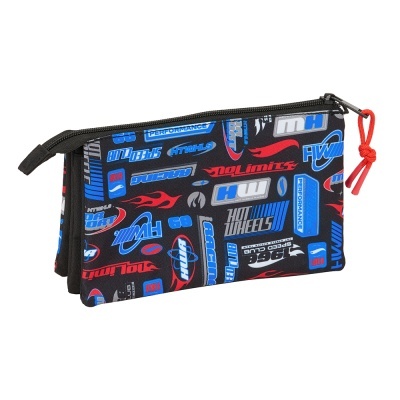 Estojo escolar preto com estampas coloridas e fecho vermelho