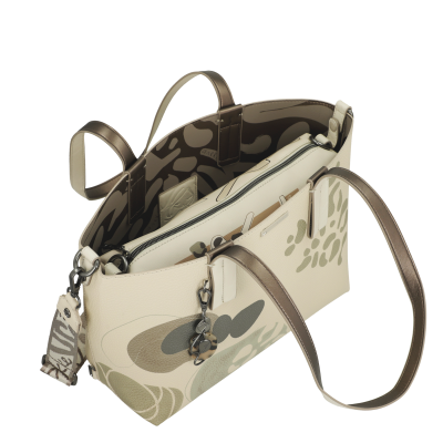 Mala de senhora bege com padrões abstratos e pegas castanhas