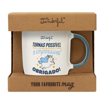 Caneca branca com pega azul e texto com desenho de unicórnio