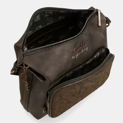 Mala castanha de senhora com bolso frontal e fechos de correr