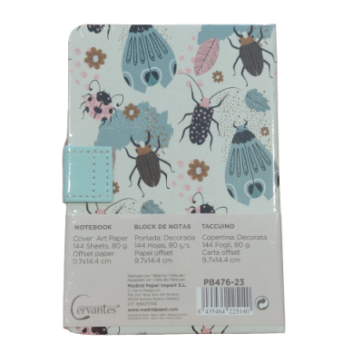 Bloco de notas capa decorada com insetos e flores, fecho azul claro, embalagem com texto em múltiplas línguas
