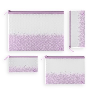 Conjunto de bolsas organizadoras branco e lilás com padrão de pontos