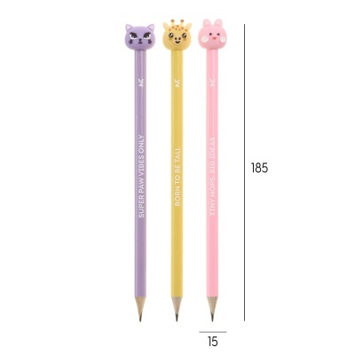 Três lápis coloridos com cabeças de animais em silicone