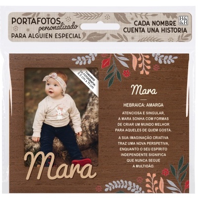 Portafotos personalizado em madeira castanha com nome Mara e decoração floral colorida