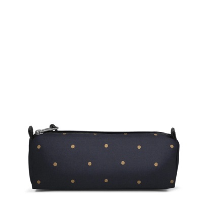 Necessaire preta com padrão de círculos dourados e fecho de correr