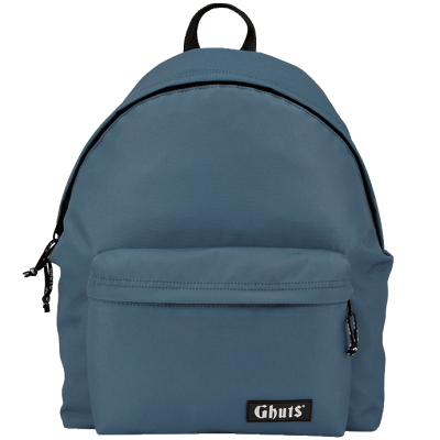 Mochila azul com bolso frontal e etiqueta Ghuts