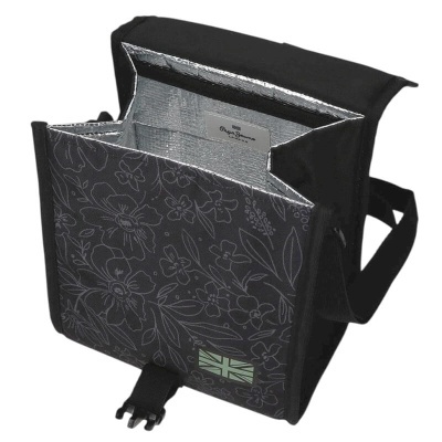 Bolsa térmica preta com padrão floral cinza e interior isolado prateado aberta