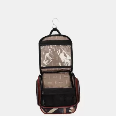 Mala de viagem camuflada aberta com compartimentos e gancho para pendurar