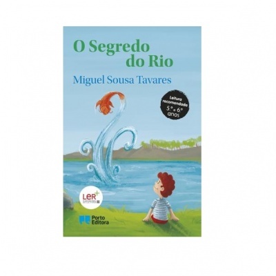 Capa do livro O Segredo do Rio com ilustração de menino junto a um rio e desenho de água com peixe.