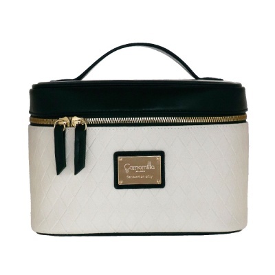 Estojo de maquilhagem branco e preto com fecho dourado e alça