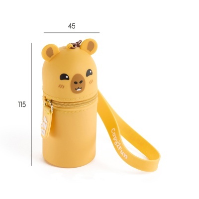 Estojo amarelo cilíndrico com rosto de urso e alça