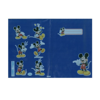 Capa azul de caderno com várias imagens do Mickey Mouse em poses diferentes e etiqueta para nome.