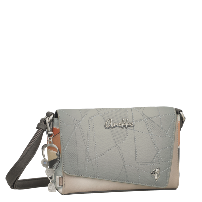 Mala de mão cinza claro e bege com padrão de costuras e detalhes metálicos.