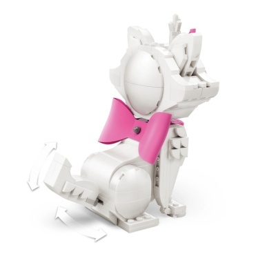 Figura de cão branco LEGO com gravata borboleta rosa e setas de movimento na cauda e patas