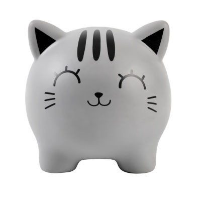 Mealheiro cinzento em forma de gato com detalhes pretos