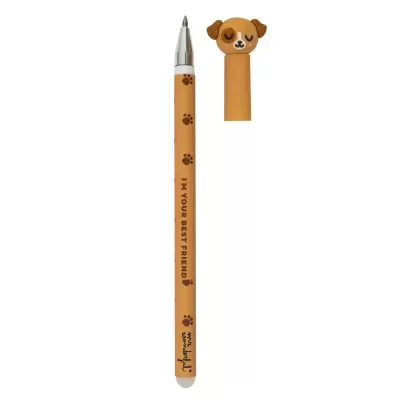 Caneta laranja com pegadas castanhas e tampa com cabeça de cão