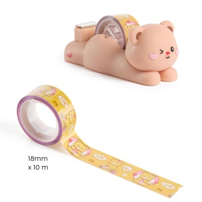 Porta-fita adesiva em forma de urso com fita decorada amarela.