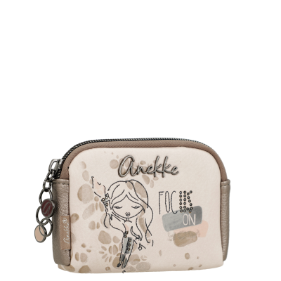 Carteira pequena bege e castanha com ilustração e texto