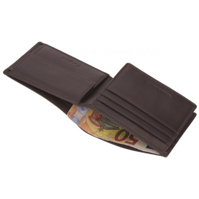 Carteira de pele castanha aberta com nota de 50 euros dentro