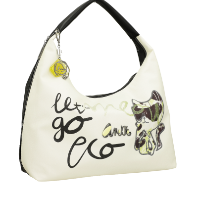 Mala branca com alça preta e desenho de gato colorido com texto decorativo