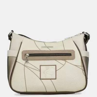 Mala de ombro creme com linhas castanhas e fecho de correr frontal.